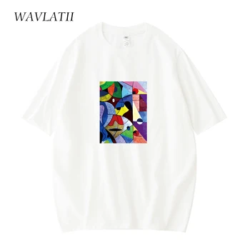 WAVLATII Marka Yeni Kadın Pamuk Beyaz T Shirt Kadın Siyah Rahat Soyut Baskı Tees Lady Kısa Kollu Streetwear Tops WT2116