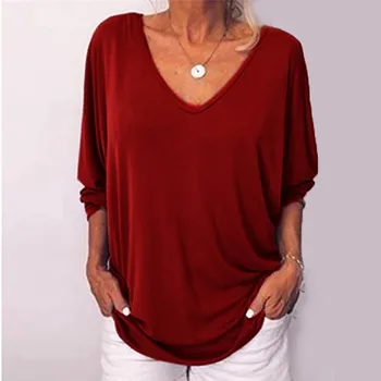 Büyük boy T Shirt Kadın Katı Bluz Yaz Moda V Yaka Yarasa 3/4 Kollu Casual Tops Yumuşak Rahat Blusas Üst Zarif Rahat