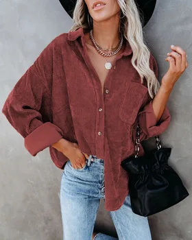 Kadife Kadın Bluz Gömlek Tunik Bayan Mont Bahar Sonbahar Uzun Kollu Baggy Bluz Düğmeli Gevşek Hırka Moda 2022 Üst