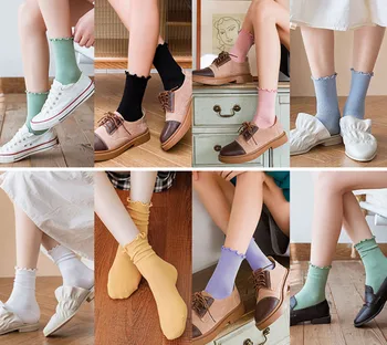 Kadın Pamuk Gevşek Çorap Kawaii Sevimli Fırfırlı Fırfır Yaz Bahar Örgü Uzun Siyah Pembe Kore Japon Ekip Kız Çorap