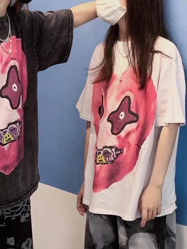 2022 Erkekler Hip Hop Yıkanmış tişört Streetwear Komik Kalp Canavar Baskı T Shirt Harajuku Kısa Kollu Üstleri Pamuklu Rahat Gömlek