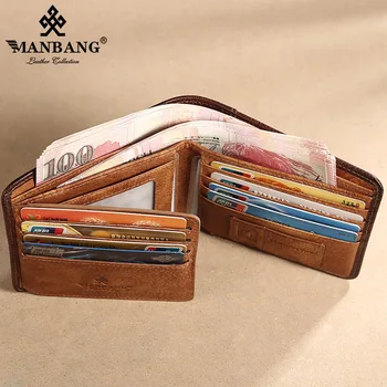 【Hakiki İnek Derisi Deri ve Vintage Style】ManBang Marka erkek cüzdanları Lüks Kısa Üç Katlı İlk Katman İnek Derisi Çanta Yatay
