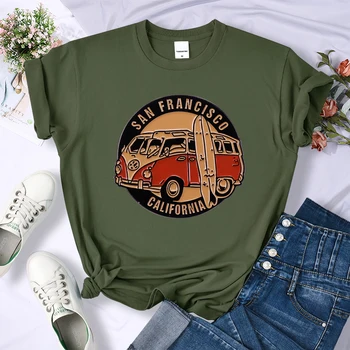 San Francisco California Vintage Okul Otobüsü Baskı T-shirt Kadın Sokak Nefes Üstleri Gevşek Kısa Kollu Günlük yaz giysileri