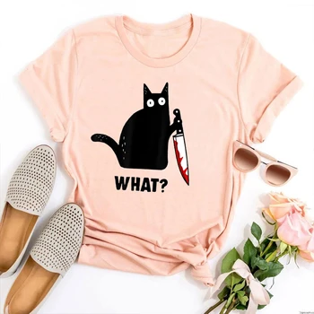 Komik Siyah Kedi Gömlek Kedi Ne Katil Kedi Bıçak Tshirt Komik Kedi Hediye Kedi Sevgilisi kadın kıyafetleri Korku Kedi Cadılar Bayramı