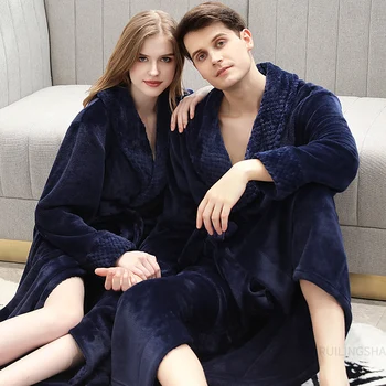 Erkekler Kış Ekstra Uzun Artı Boyutu Kalın Sıcak Flanel Bornoz Kimono Mercan Polar bornoz Kadın Sabahlık Gece Pijama