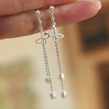 ASHIQI doğal tatlı su incisi 925 Ayar Gümüş Kelebek Uzun Küpe Kadınlar için Moda Hediye