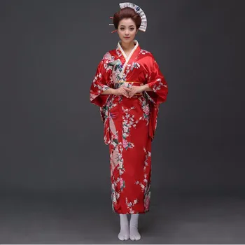 Siyah tavuskuşu Japon Kimono kadın Polyester Saten Kimono Yukata Abiye Haori Kimono Obi İle Bir Boyut