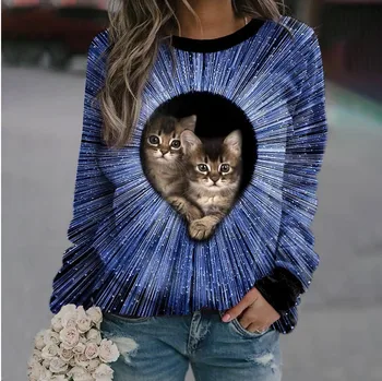 İlkbahar Sonbahar T-Shirt kadın Zarif Gevşek 3D Kedi Baskı Bluz Üst O Boyun Casual Bayanlar Günlük Boy Uzun Kollu T-shirt