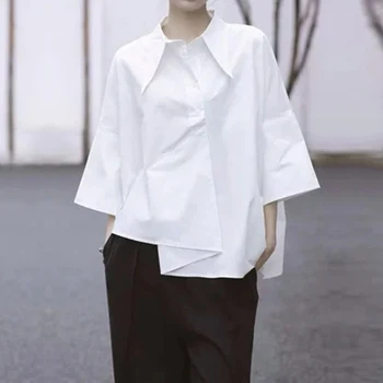 Yeezzı Moda Kadın İlkbahar Yaz Rahat Basit Düz Renk Uzun Kollu Gevşek Düzensiz Yaka Beyaz Bluz Kadınlar için 2022 Yeni