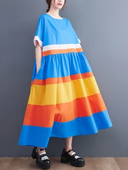 Patchwork Kontrast Renk Pilili Elbiseler Kadınlar İçin Yeni Kısa Kollu Gevşek Casual Midi yaz elbisesi Moda Zarif Giyim 2022