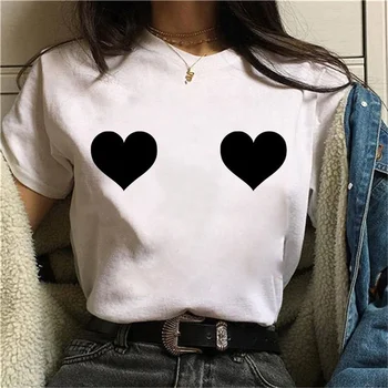 Komik Göğüs Kalp Baskı Kadın T Shirt Kısa Kollu O Boyun Gevşek Kadın Tişört Bayanlar Tee Gömlek Tops Camisetas Mujer