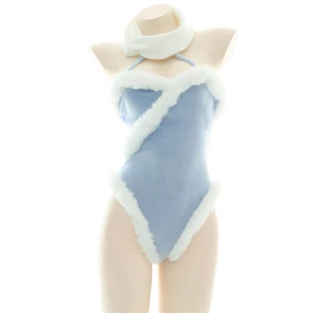 Oyun DÜŞÜK Mei Cosplay Bikini Sevimli Lolita Tavşan Kız Mavi Kürklü Halter Bodysuit Cadılar Bayramı Kadınlar Romper Tulum İç Çamaşırı Dropship