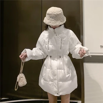 Lüks kadın Kış Pamuk Ceket Rahat Gevşek Sıcak Beyaz Etek Parkas Standı Yaka Zarif Palto Kadın Kore Uzun Ceket