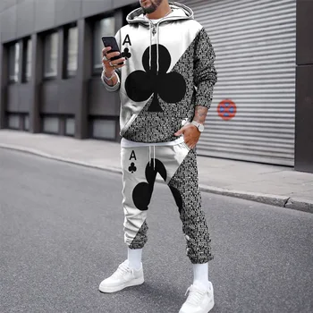 Erkek İlkbahar Sonbahar svetşört Sweatpants 2 Parça Set Spor Gevşek Casual Streetwear Poker 3D Baskılı Eşofman Takım Elbise