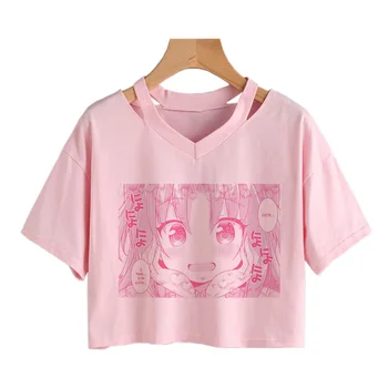 Kadın T-shirt Sevimli Anime Kız Gömlek Japon Punk Mahsul tops Vintage Harajuku Streetwear Gevşek v Yaka Üstleri Gotik Çizgi Film Tees