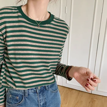 2022 Sonbahar Mor çizgili tişört Kadın Pamuk Yuvarlak Boyun Temel Üst Moda Uzun Kollu Gevşek Kadın Vintage Tshirt