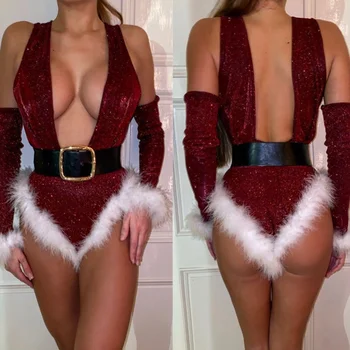 Seksi Kadın Noel Iç Çamaşırı Bodysuit Noel Baba Cosplay Kostüm Iç Çamaşırı Pijama Hediye