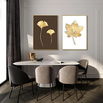 Lüks Soyut Bitki Çiçek Tuval Boyama Altın Ginkgo Akçaağaç Yaprağı Duvar sanat Baskı Aile Oturma oda duvar dekorasyonu Resim