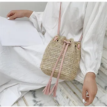 İpli kadın Saman Kova Çanta Yaz Dokuma omuz çantaları Alışveriş Çantası plaj el çantası Hasır Çanta Seyahat Çantası