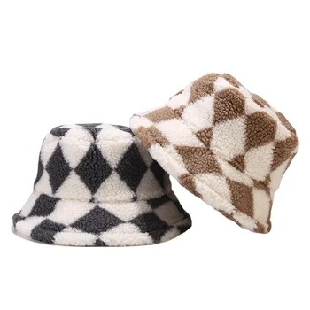 2021 Yeni Kış Kova Şapka Elmas Baskılı Kuzu Yün Balıkçı Şapka Erkek Kadın Kalınlaşmış Sıcak panama şapkası Taklit Kürk Yumuşak