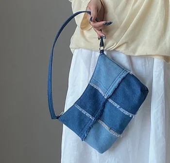 Denim Moda Ekose omuzdan askili çanta Kadınlar için 2022 Patchwork Retro Debriyaj günlük kot Bayanlar Vintage Çantalar Çanta
