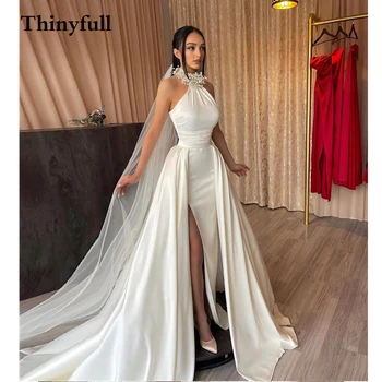 Thinyfull Kraliyet Yumuşak Uzun Bir Çizgi Yüksek Boyun düğün elbisesi Kolsuz İnciler Yan Yarık Ülke Prenses Gelin gelin elbiseleri Önlük