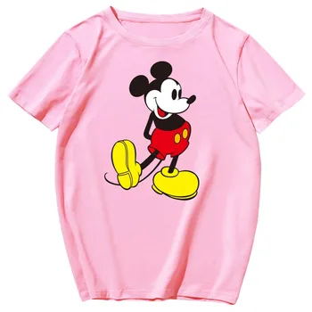 Disney Şık Mickey Mouse Karikatür Baskı Kontrast Renk Unisex T-Shirt O - Boyun Kazak Kısa Kollu Tee Tops XS-3XL 14 Renkler