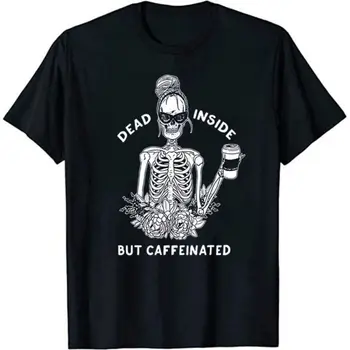 Ölü İçinde Ama Kafeinli Komik Kız T-Shirt Komik Cadılar Bayramı Kostüm T Shirt Kadınlar için İskelet ve Kahve Grafik T Shirt