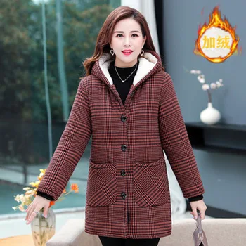 Parkas Pamuk Ceket Kadın Orta Uzunlukta Kış Ceket Kadın Ceket Eklemek Kadife Kalınlaşmak Sıcak Kış Dış Giyim Ekose Palto XL 5XL