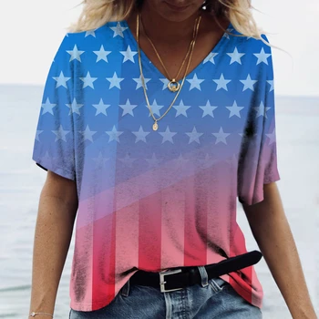 Kadın V Yaka gömlek Üstleri Moda Amerikan Bayrağı Kısa Kollu 2022 Büyük Boy Elbise Graphicsfemale Rahat T Shirt Kazak