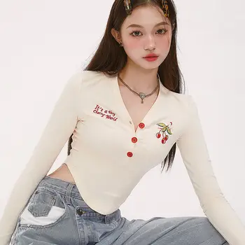 HOUZHOU Kawaii Uzun Kollu T-Shirt Kadın Kore Moda İnce V Yaka Düğmesi Kırpma Üst Sevimli Nakış Rahat düzensiz tişört