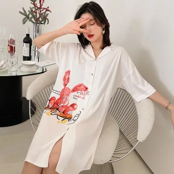Gömlek Gecelik Uyku Elbise Uzun Kollu Yaka Baskı Mini Gecelik Buz İpek Kadın Dış Pijama Rahat Ev Giyim