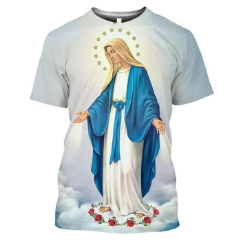 Mesih İsa Meryem Desen kadın T-Shirt Yuvarlak Boyun 3D Baskı Gömlek Moda Yaz kadın Kısa Kollu Rahat Üst