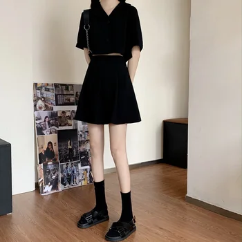 Setleri Kadın Kırpma Blazer Etek 2 Parça Kıyafet Yaz Saf İhale Moda Retro Çentikli Tasarım Pilili Faldas Tüm Maç Femme Siyah