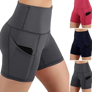 Kadın Spor Şort Yüksek Bel Kaldırma Push Up Sıkı Bisiklet Spor Tayt + telefon cebi Koşu Koşu Spor Yoga Kısa Pantolon