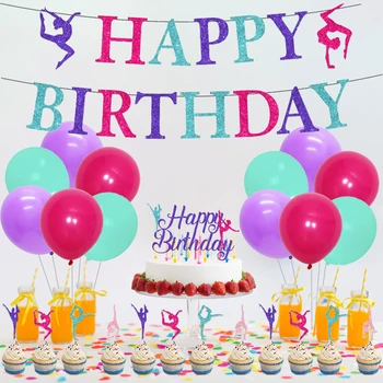 Sursurprise Jimnastik Doğum Günü Süslemeleri Kız Jimnastik Mutlu Doğum Günü Afiş Kek Topper Balonlar Kiti Parti Malzemeleri