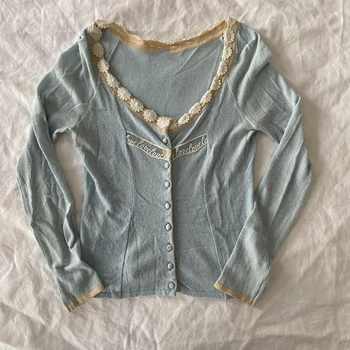 Vintage Sevimli Mavi Tek Göğüslü Hırka T Shirt Çiçek Yamalı Kare Yaka Uzun Kollu Tees Fairycore Y2K Retro Kırpma Üstleri