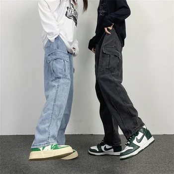 Erkek Streetwear Japon Moda Düz Geniş Bacak dökümlü kot pantolon Hip Hop Alt Low Rise Peri Grunge Denim Pantolon Elbise