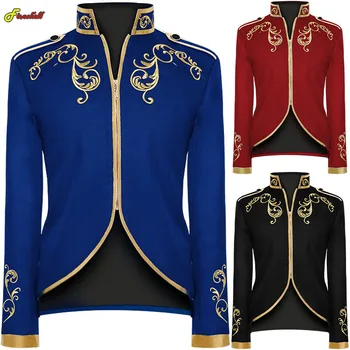 Erkek Victoria Vintage Ortaçağ Ceket Ceket Nakış Zip Up Standı Yaka Prens Kral Cosplay Kostüm Blazera Mont
