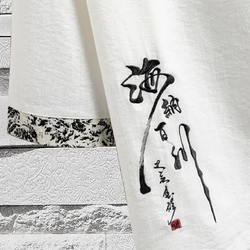 Yaz Çin Tarzı erkek Retro Nakış Baskı tişört Üst Tang Takım Zen Çay Keten Gömlek Kimono Kapak Asya giyim