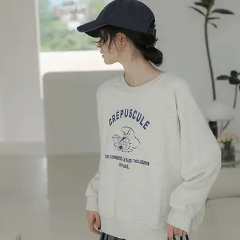 Harajuku Sonbahar Moda Baskı Mektubu T-shirt Kadın Yeni Uzun Kollu Gevşek Tiki Tarzı O-yaka Kore Rahat Bayan Üst 2022