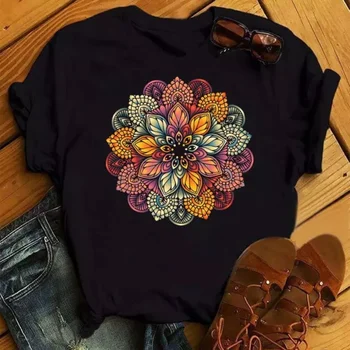 2023 Maycaur Yeni Mandala Çiçek Baskılı T Shirt Kadın Rahat Moda O-boyun Kısa Kollu bayan tişört Aşk Grafik Üst Desen