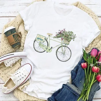 2021 kadın T-shirt Bisiklet Çiçek T-Shirt Moda Romantik Vintage Kısa Kollu Eski Bisiklet Baskı Beyaz Casual Tops V