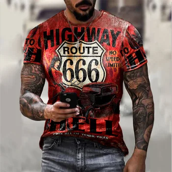 Yaz erkek retro tişört Avrupa Ve Amerikan Sokak Stili 66 yollu 3d baskılı tişört erkek Moda O-boyun Büyük Boy Giyim
