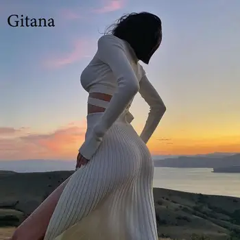 Gitana 2022 Sonbahar Kış Seksi Kadın Örme Takım Elbise Y2K Kırpma Üst ve Pilili Örme Uzun Etek Takım Elbise Moda Midi elbise setleri