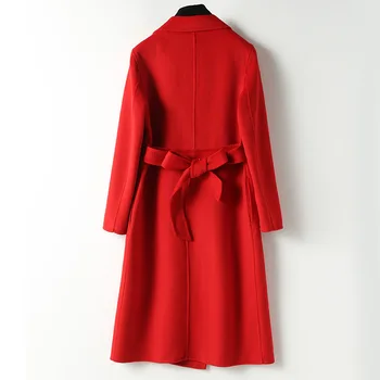 2020 Moda Kaşmir Ceket Kadın Sonbahar Kış Ceket Çift Taraflı yün paltolar Turn Down Yaka Yün Trençkot Kemer Kırmızı