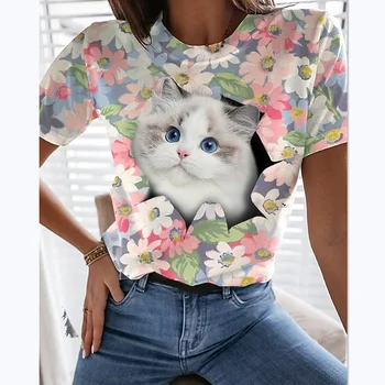 Kadın Büyük Boy T-shirt Hayvan Geçişi Kedi 3D Baskı Üst Kadınlar Eğlenceli Kısa Kollu Yaz Retro Moda Rahat Kadın Giysileri