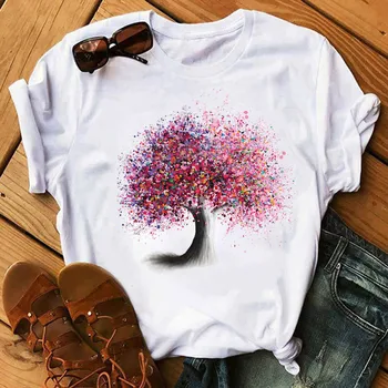 Gökkuşağı Ağacı Baskı Kadın T Shirt Sevimli Grafik Üstleri dişi t parça Harajuku Rahat Moda Kadın Bluzlar 2022 Kısa Kollu Elbise