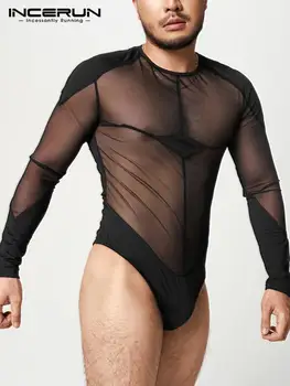 2022 Erkek Bodysuits Mesh Patchwork Şeffaf O-Boyun Uzun Kollu Pijama Romper İç Çamaşırı Sıska Seksi Erkek Bodysuit S-5XL INCERUN