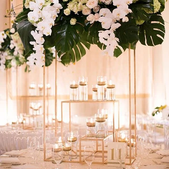 2019 Yeni Basit stil Düğün Metal Altın Renk Dikdörtgen Çiçek Vazo Sütun Standı Düğün Centerpiece Dekorasyon için
